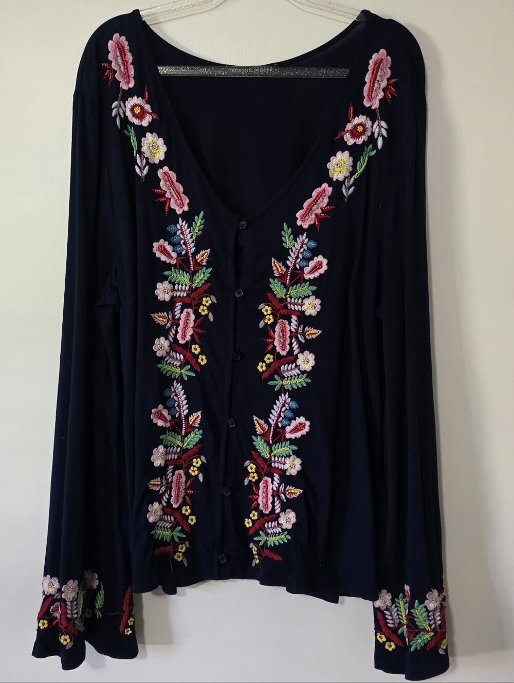 Boston Proper Embroidered V-neck Cardigan Top Cottagecore Botanical Large